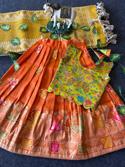 Designer Wedding Soft Tissue Lehenga & Scallop Gaji Silk Blouse - Orange
