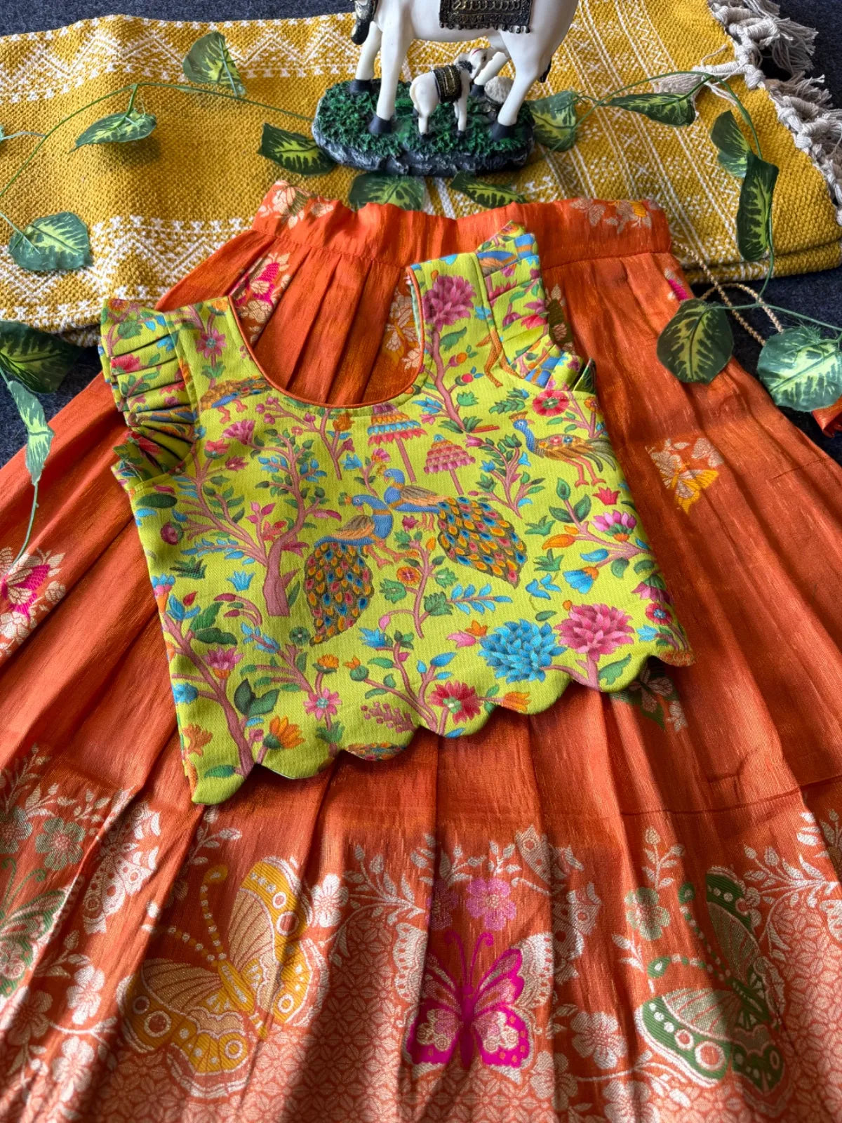 Designer Wedding Soft Tissue Lehenga & Scallop Gaji Silk Blouse - Orange