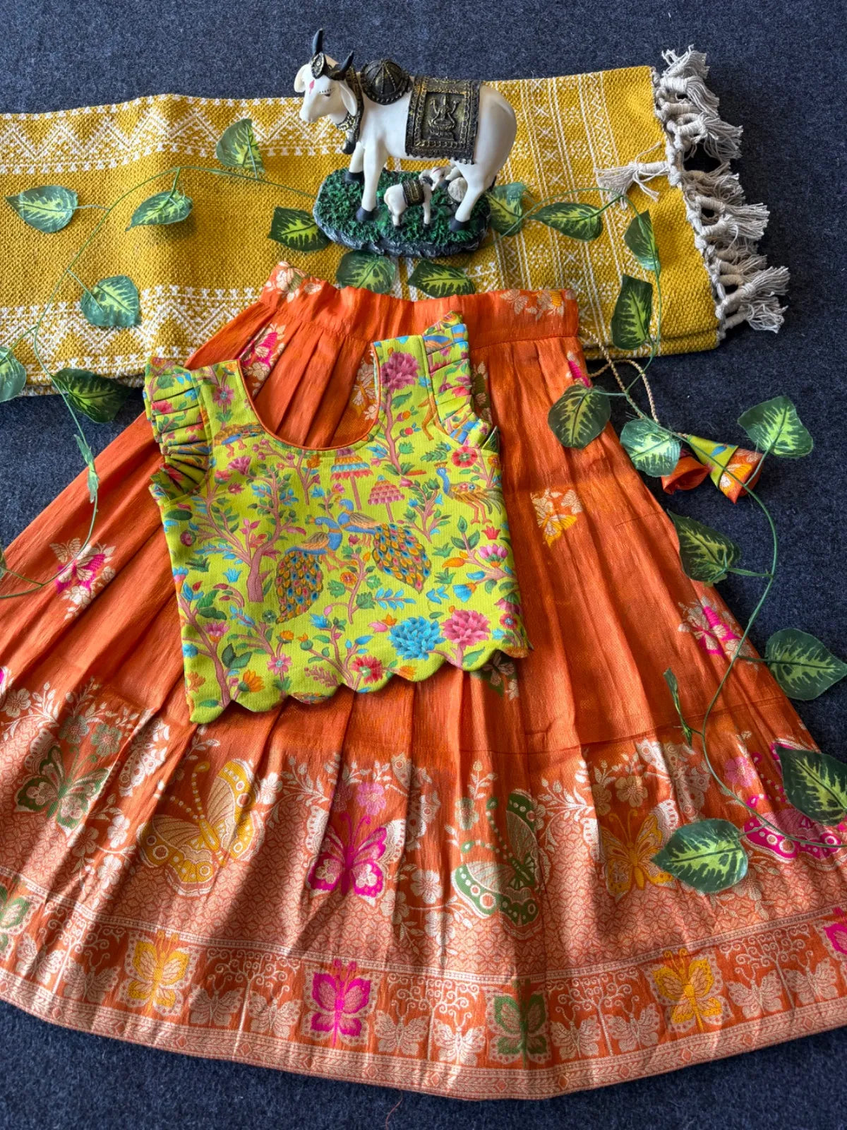 Designer Wedding Soft Tissue Lehenga & Scallop Gaji Silk Blouse - Orange