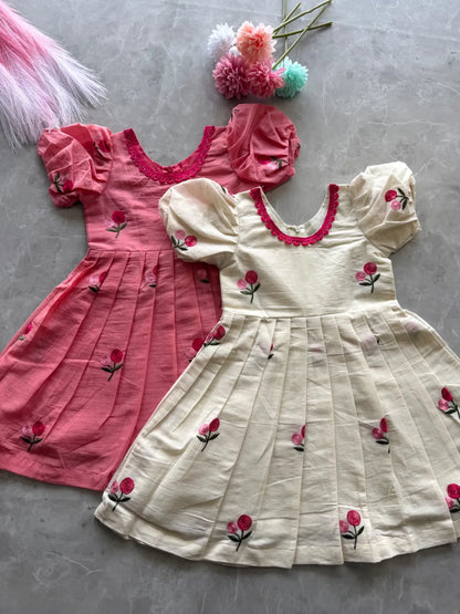 Pure Mul Cotton Kids Frock - Cream