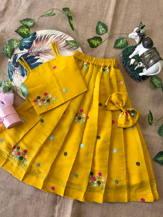 Soft Mul Chanderi Cotton Yellow Kids Lehenga