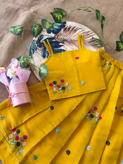 Soft Mul Chanderi Cotton Yellow Kids Lehenga