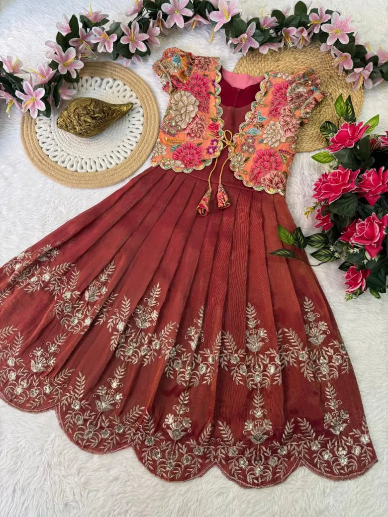 Kids Embroidery Sequence Work Gown with Coat - Red