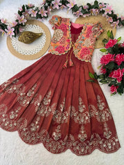 Kids Embroidery Sequence Work Gown with Coat - Red