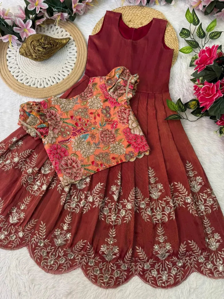 Kids Embroidery Sequence Work Gown with Coat - Red