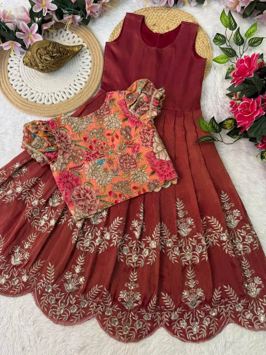 Kids Embroidery Sequence Work Gown with Coat - Red