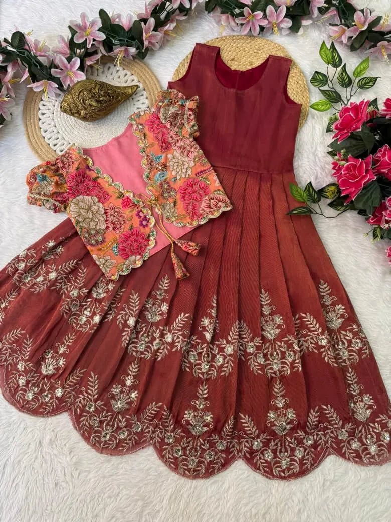 Kids Embroidery Sequence Work Gown with Coat - Red