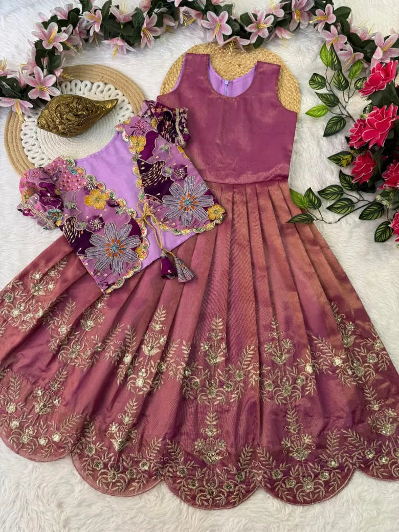 Kids Embroidery Sequence Work Gown with Coat - Pink