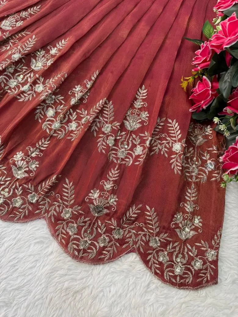 Kids Embroidery Sequence Work Gown with Coat - Red