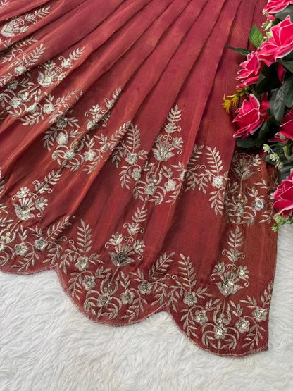Kids Embroidery Sequence Work Gown with Coat - Red