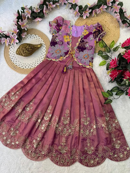Kids Embroidery Sequence Work Gown with Coat - Pink