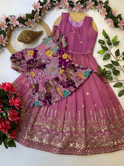 Kids Embroidery Work Gown with Coat - Pink