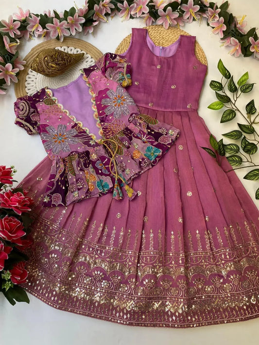 Kids Embroidery Work Gown with Coat - Pink