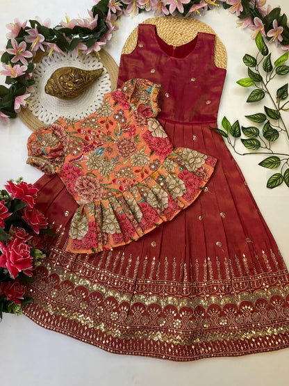 Kids Embroidery Work Gown with Coat - Red