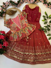 Kids Embroidery Work Gown with Coat - Red