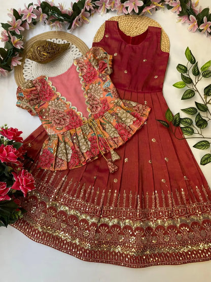 Kids Embroidery Work Gown with Coat - Red