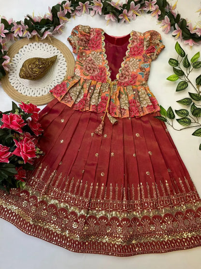 Kids Embroidery Work Gown with Coat - Red