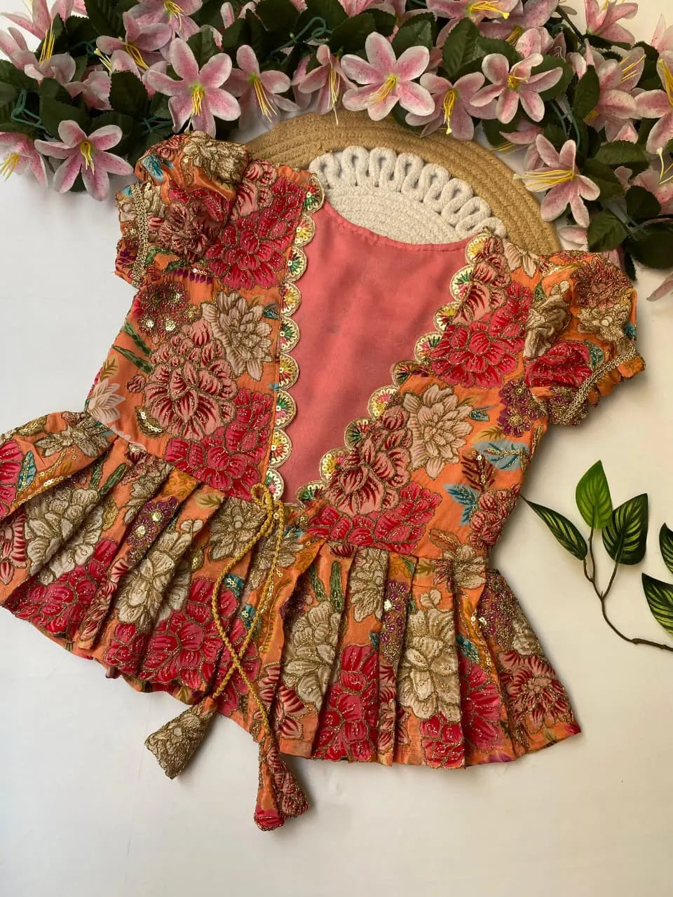 Kids Embroidery Work Gown with Coat - Red