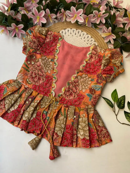 Kids Embroidery Work Gown with Coat - Red
