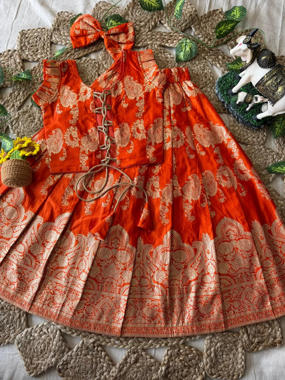 Banarasi Satin Kids Lehenga - Orange