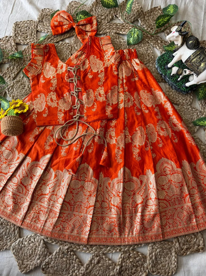 Banarasi Satin Kids Lehenga - Orange