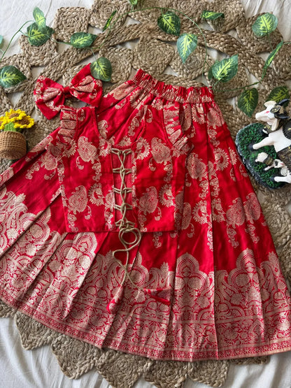 Banarasi Satin Kids Lehenga - Red