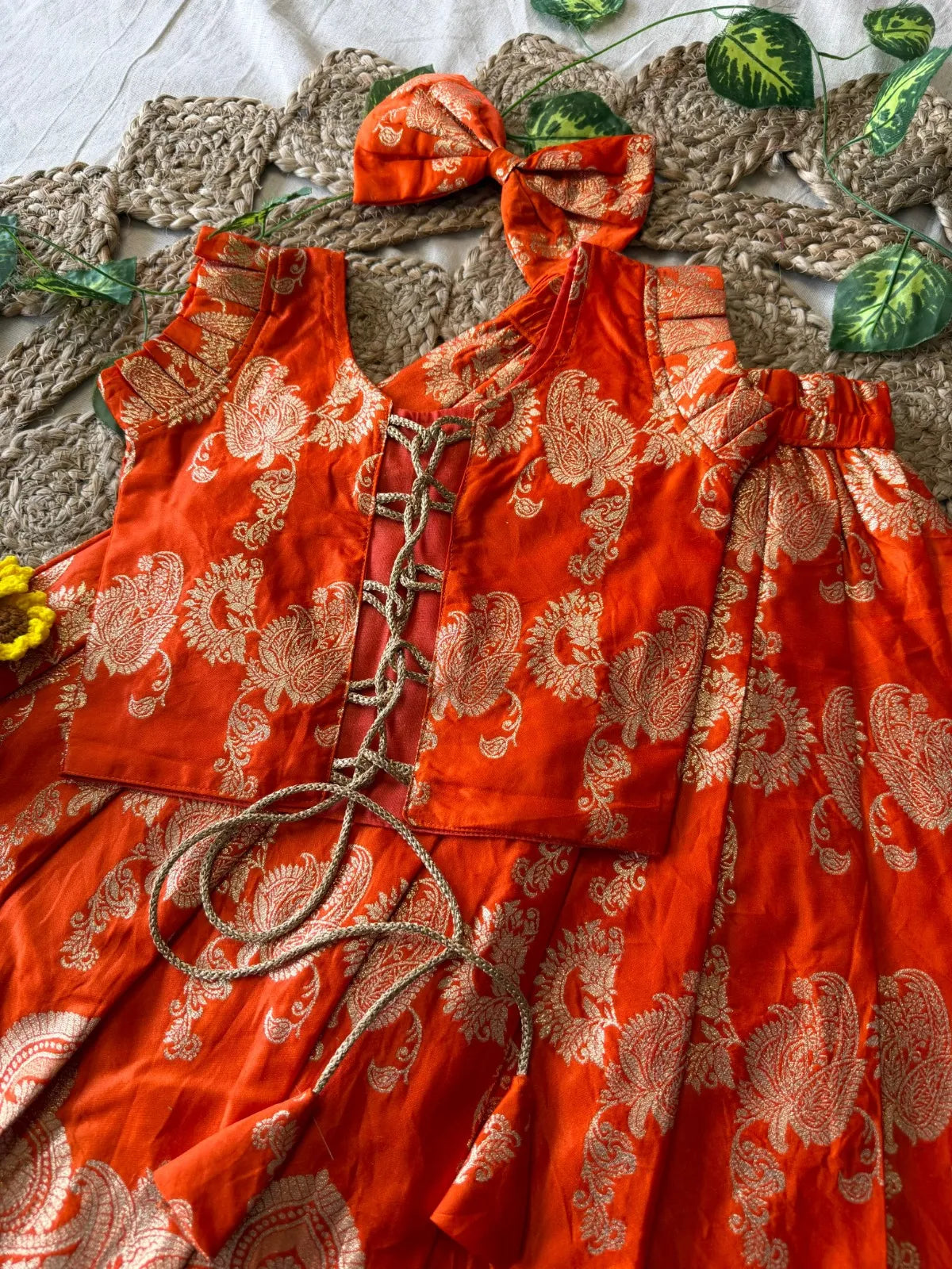 Banarasi Satin Kids Lehenga - Orange