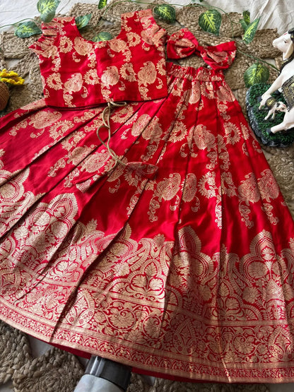 Banarasi Satin Kids Lehenga - Red