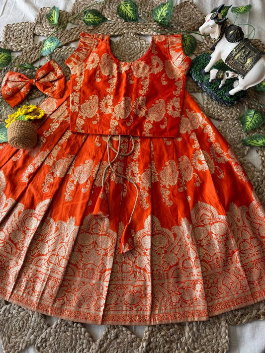 Banarasi Satin Kids Lehenga - Orange