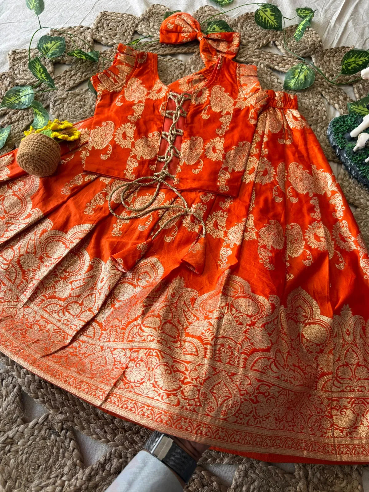 Banarasi Satin Kids Lehenga - Orange