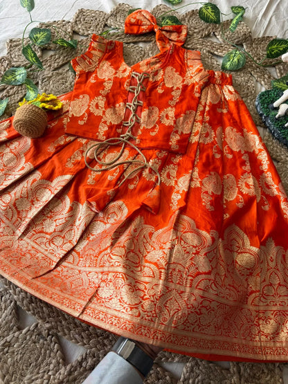 Banarasi Satin Kids Lehenga - Orange