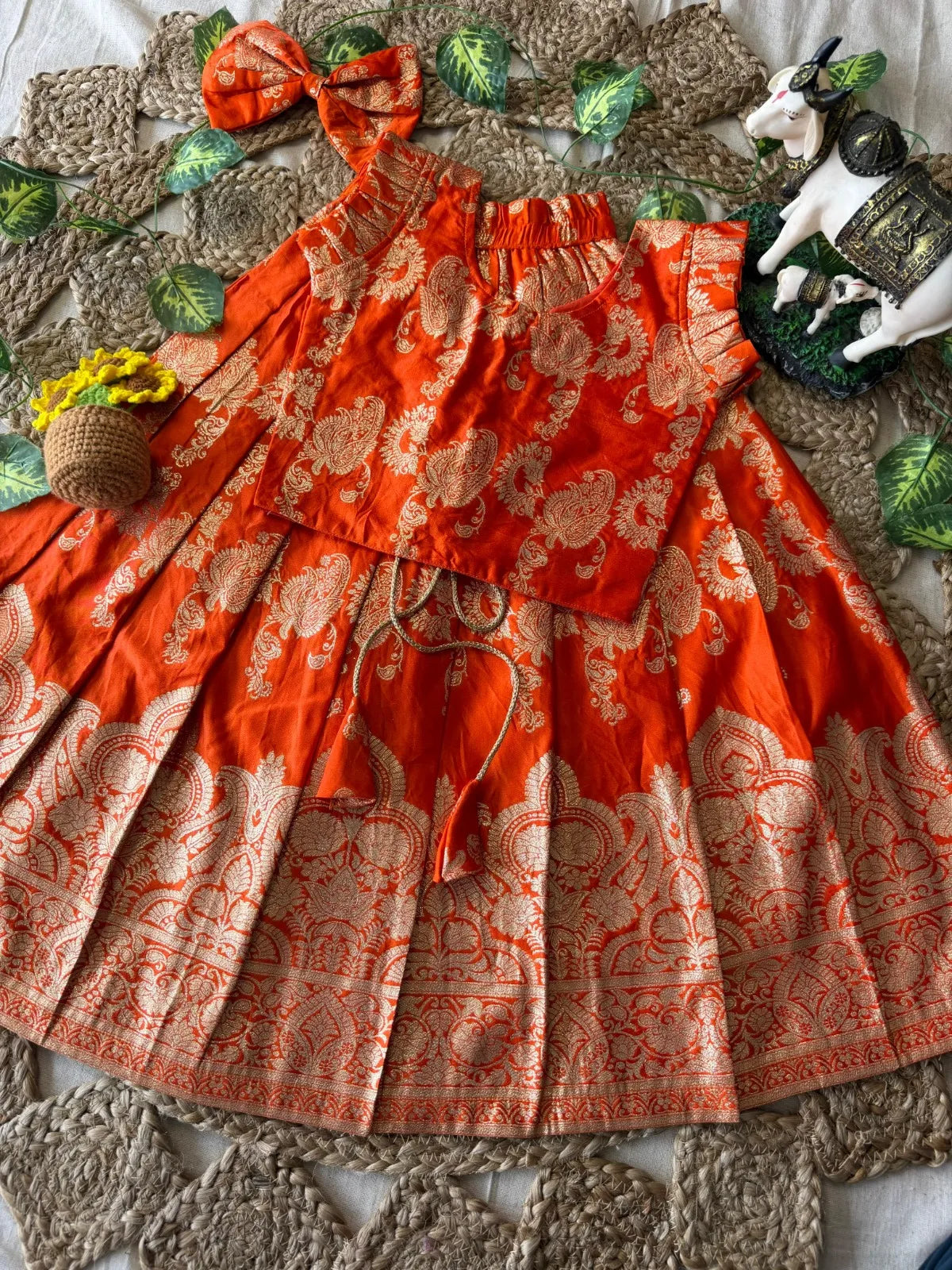 Banarasi Satin Kids Lehenga - Orange