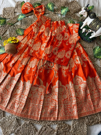 Banarasi Satin Kids Lehenga - Orange
