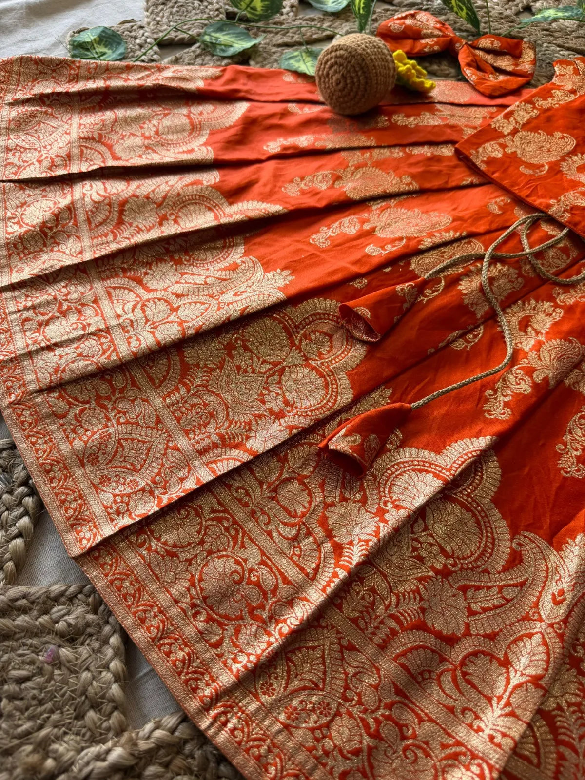 Banarasi Satin Kids Lehenga - Orange