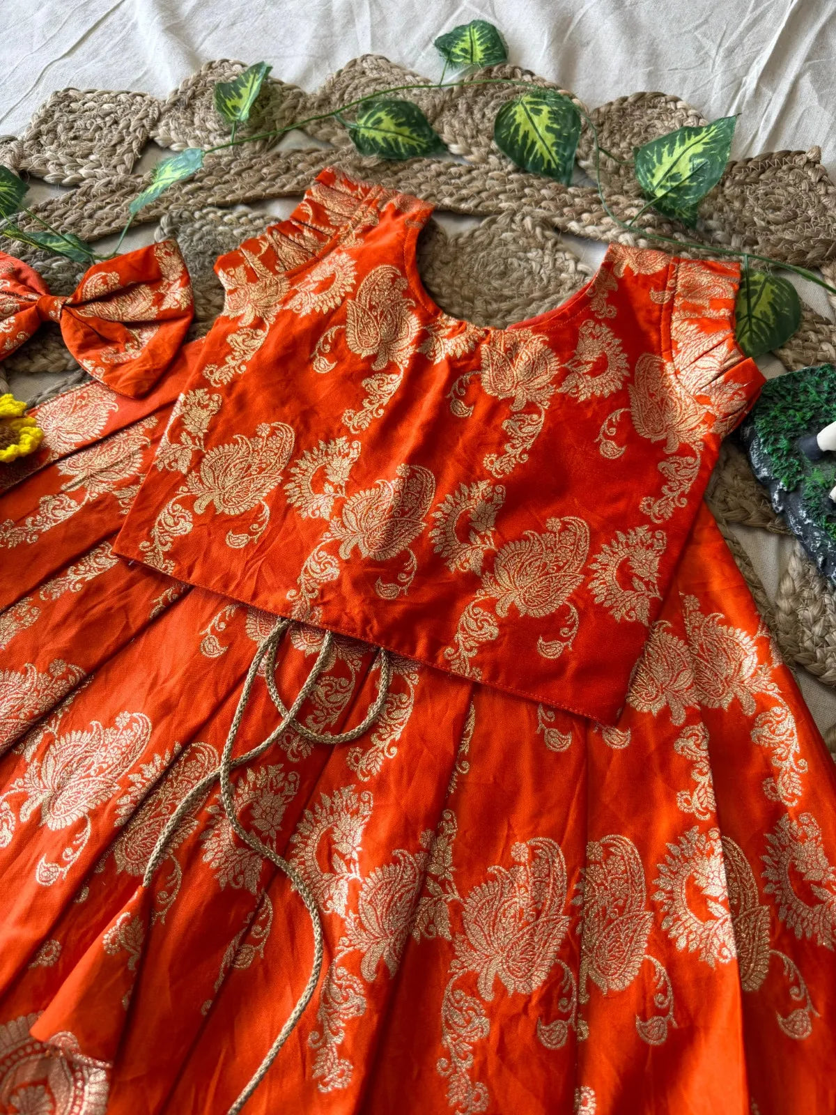 Banarasi Satin Kids Lehenga - Orange