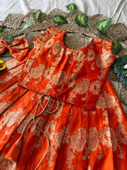 Banarasi Satin Kids Lehenga - Orange