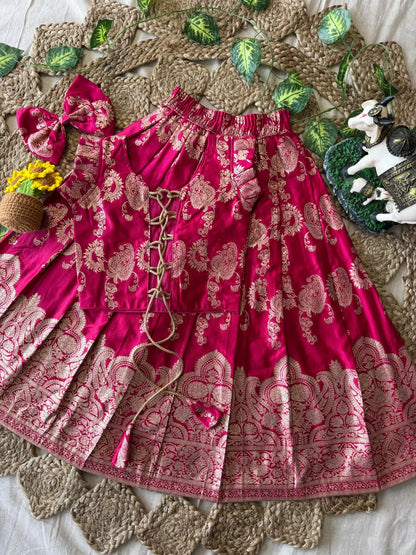 Banarasi Satin Kids Lehenga - Pink