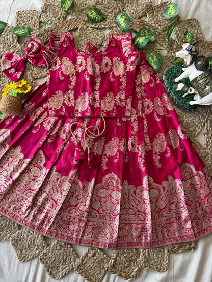 Banarasi Satin Kids Lehenga - Pink