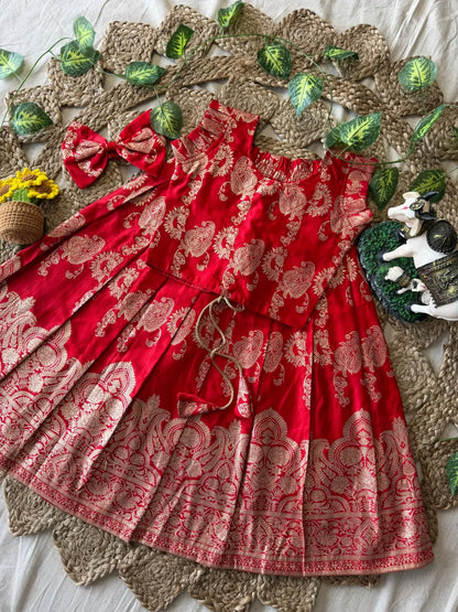 Banarasi Satin Kids Lehenga - Red