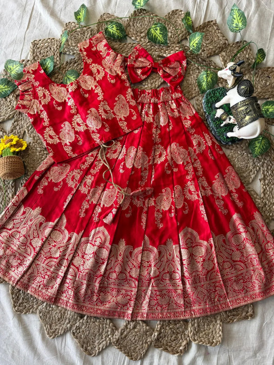 Banarasi Satin Kids Lehenga - Red
