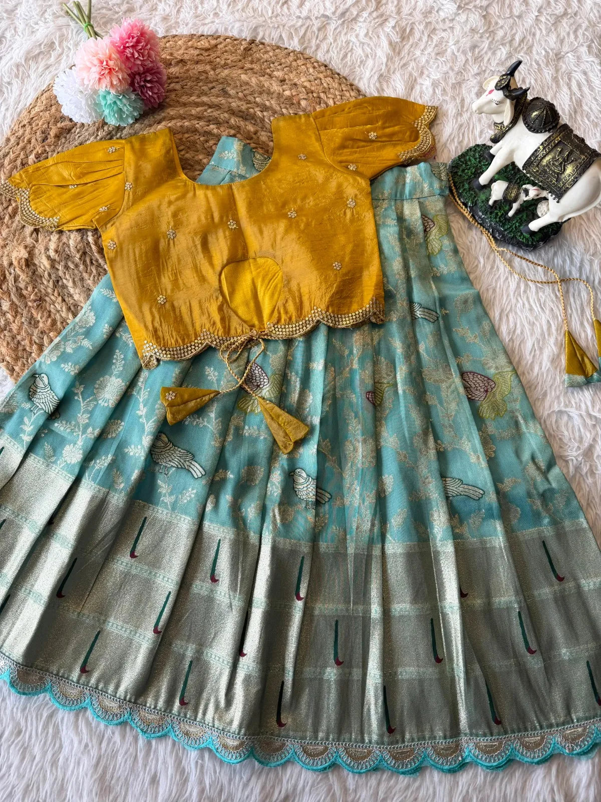 Hit Bird design kids Lehenga - Yellow & Sky