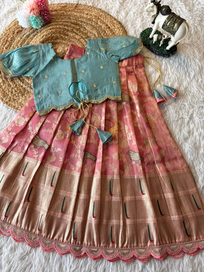 Hit Bird design kids Lehenga - Sky & Baby Pink