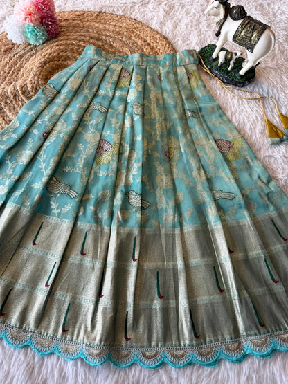Hit Bird design kids Lehenga - Yellow & Sky