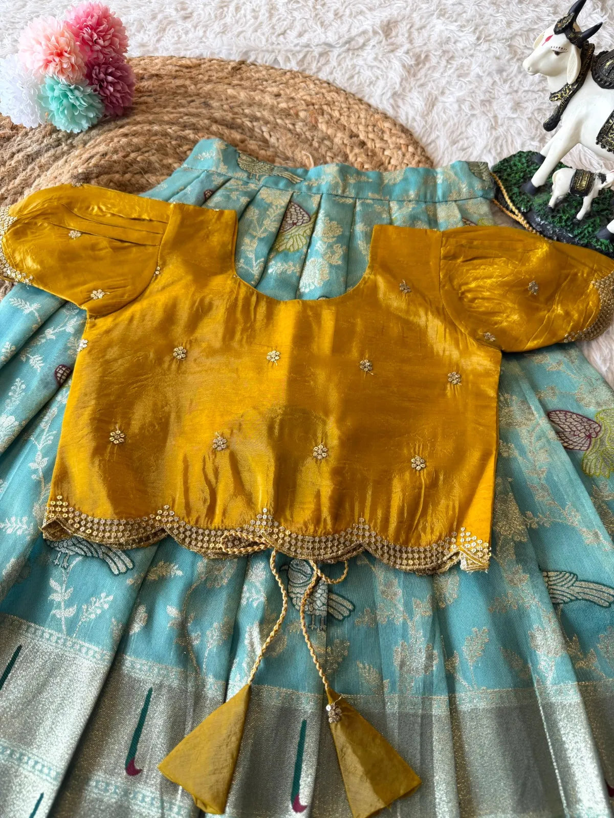 Hit Bird design kids Lehenga - Yellow & Sky