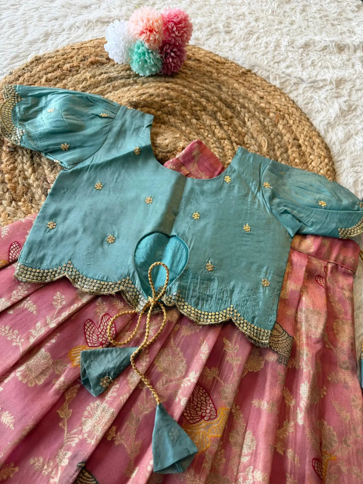 Hit Bird design kids Lehenga - Sky & Baby Pink