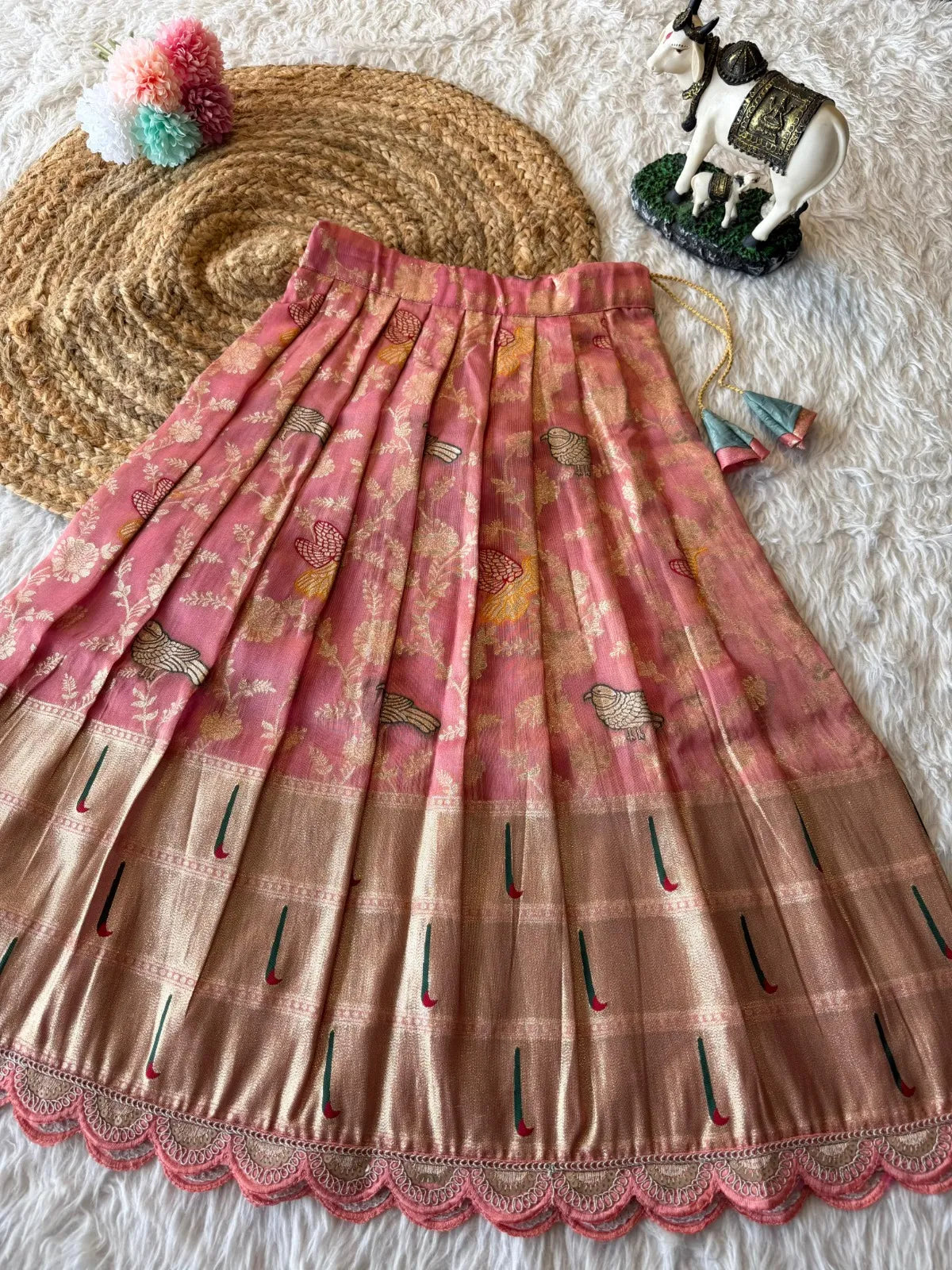 Hit Bird design kids Lehenga - Sky & Baby Pink