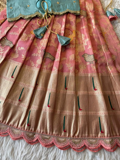 Hit Bird design kids Lehenga - Sky & Baby Pink