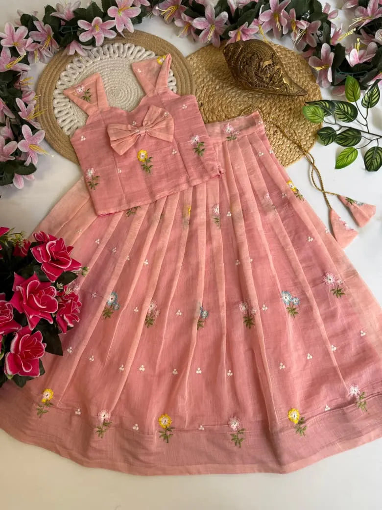 Mul Chanderi Floral Kids Lehenga Set - Peach