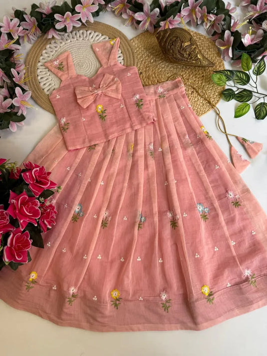 Mul Chanderi Floral Kids Lehenga Set - Peach