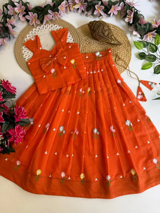 Mul Chanderi Floral Kids Lehenga Set - Orange